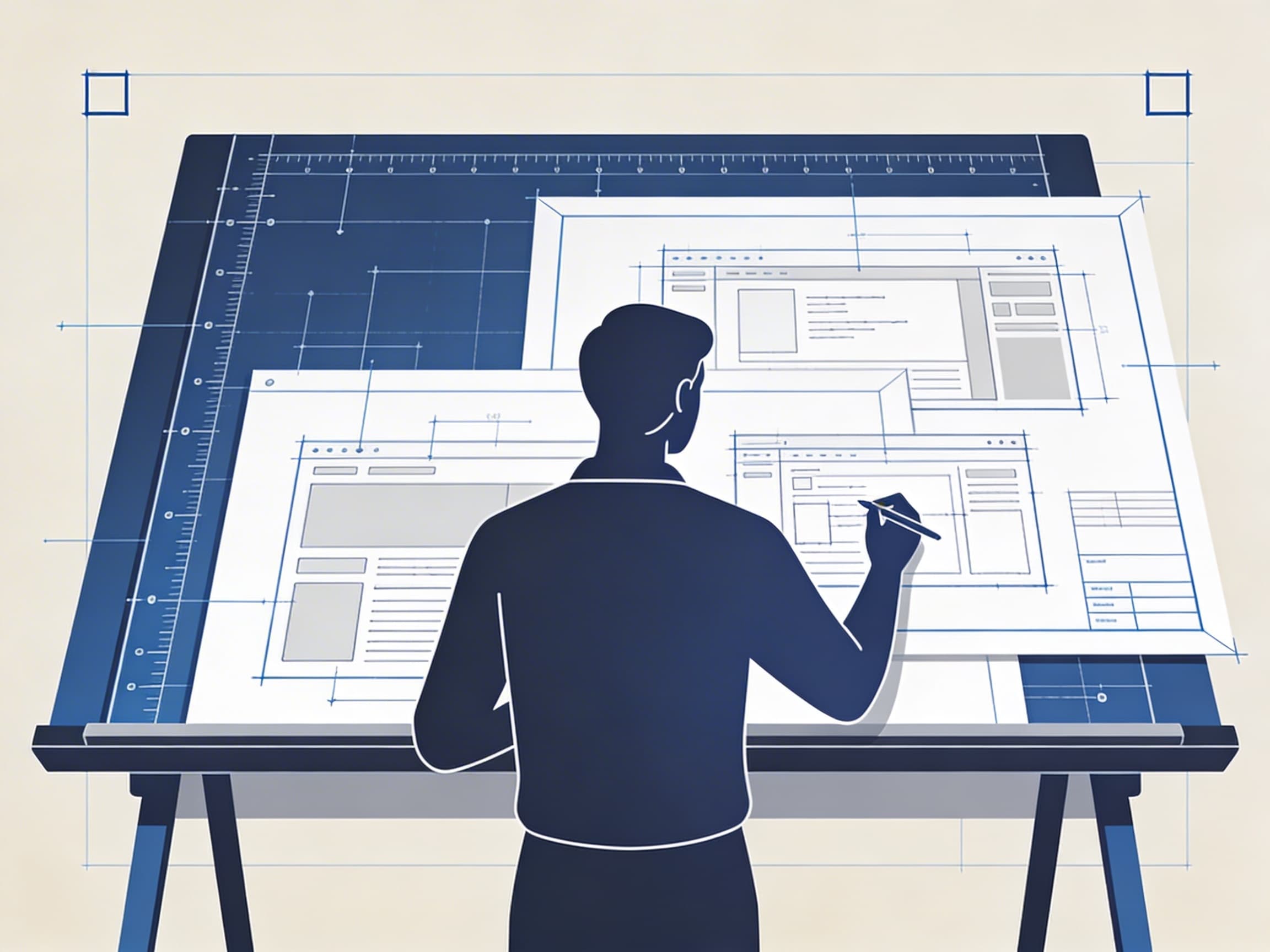 A designer sketching website layouts across large blueprint boards